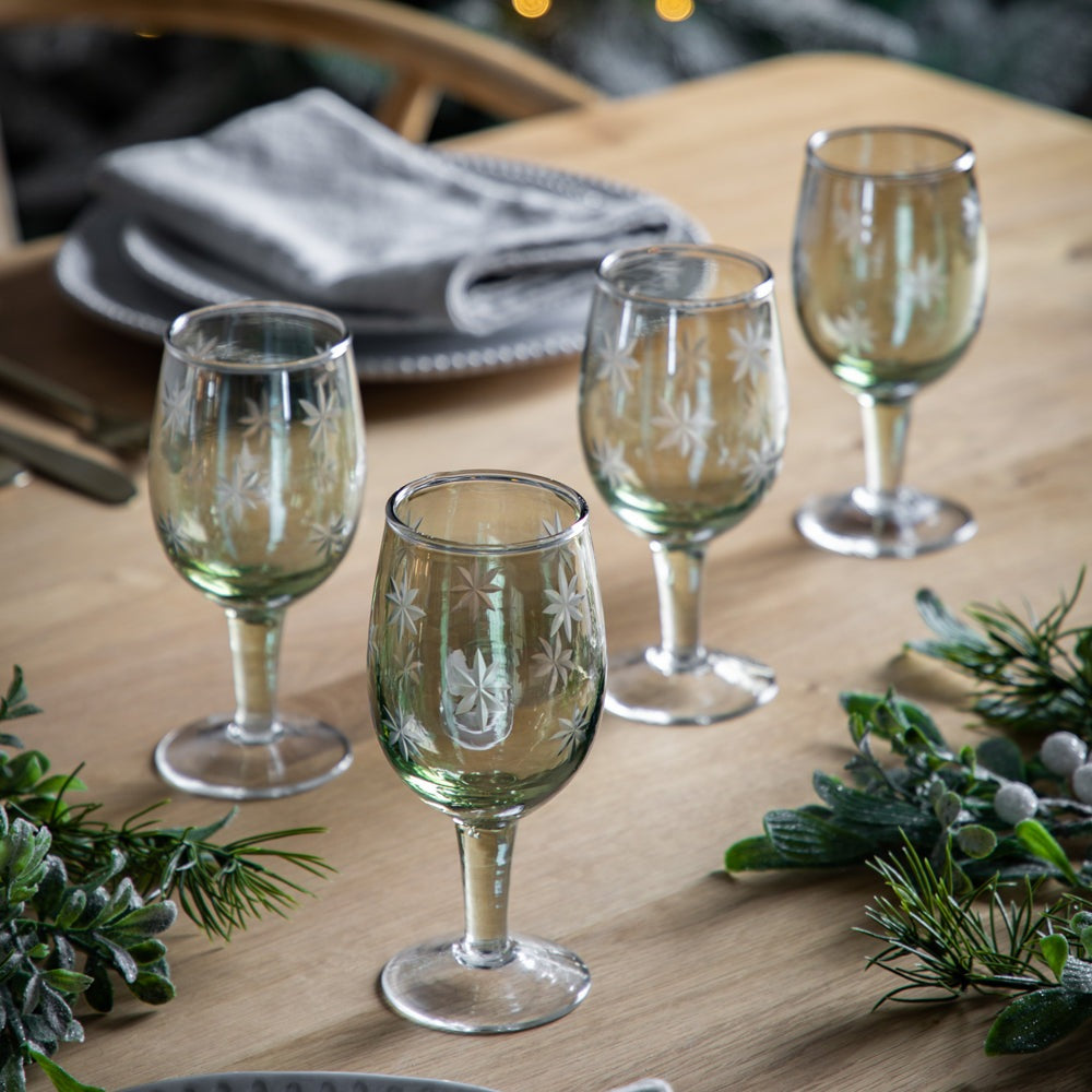 Gallery Interiors Starry Set of 4 Wine Glass Green Lustre Glasses