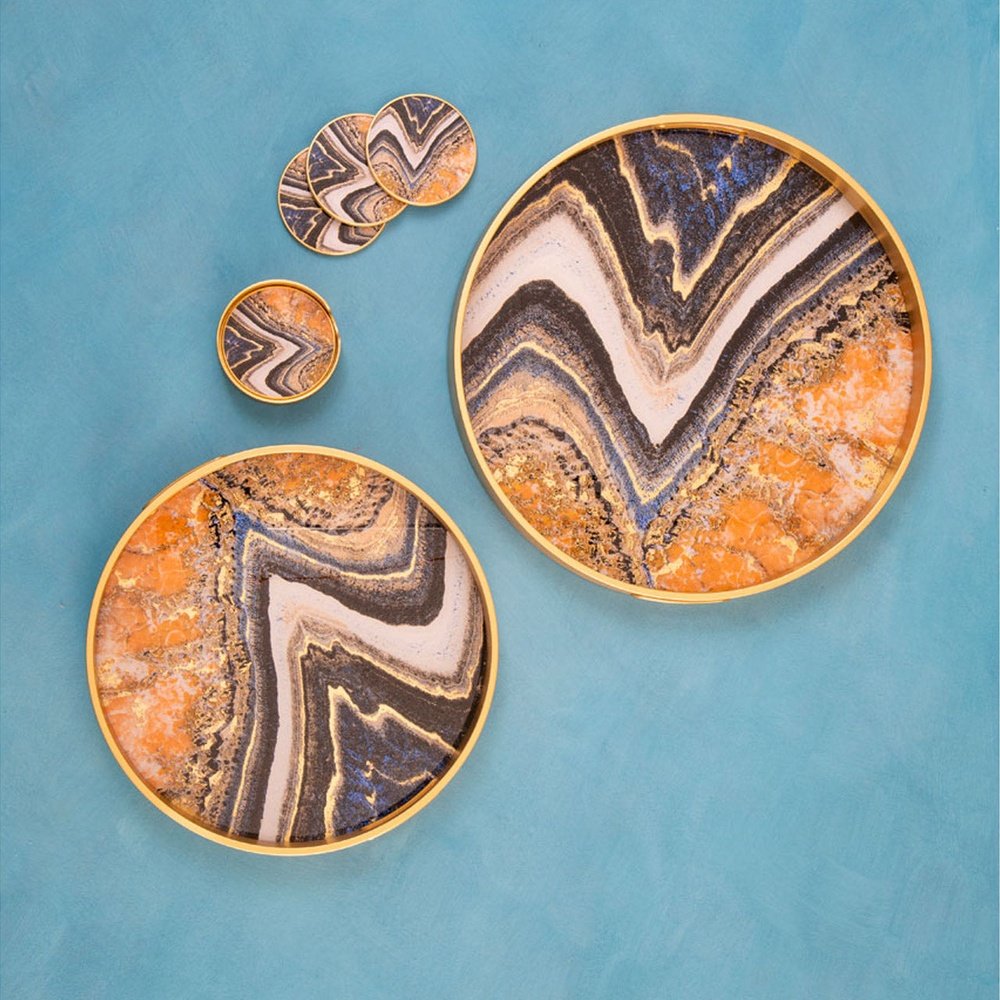 Olivia's Set of 2 Selina Abstract Round Trays Orange & Gold