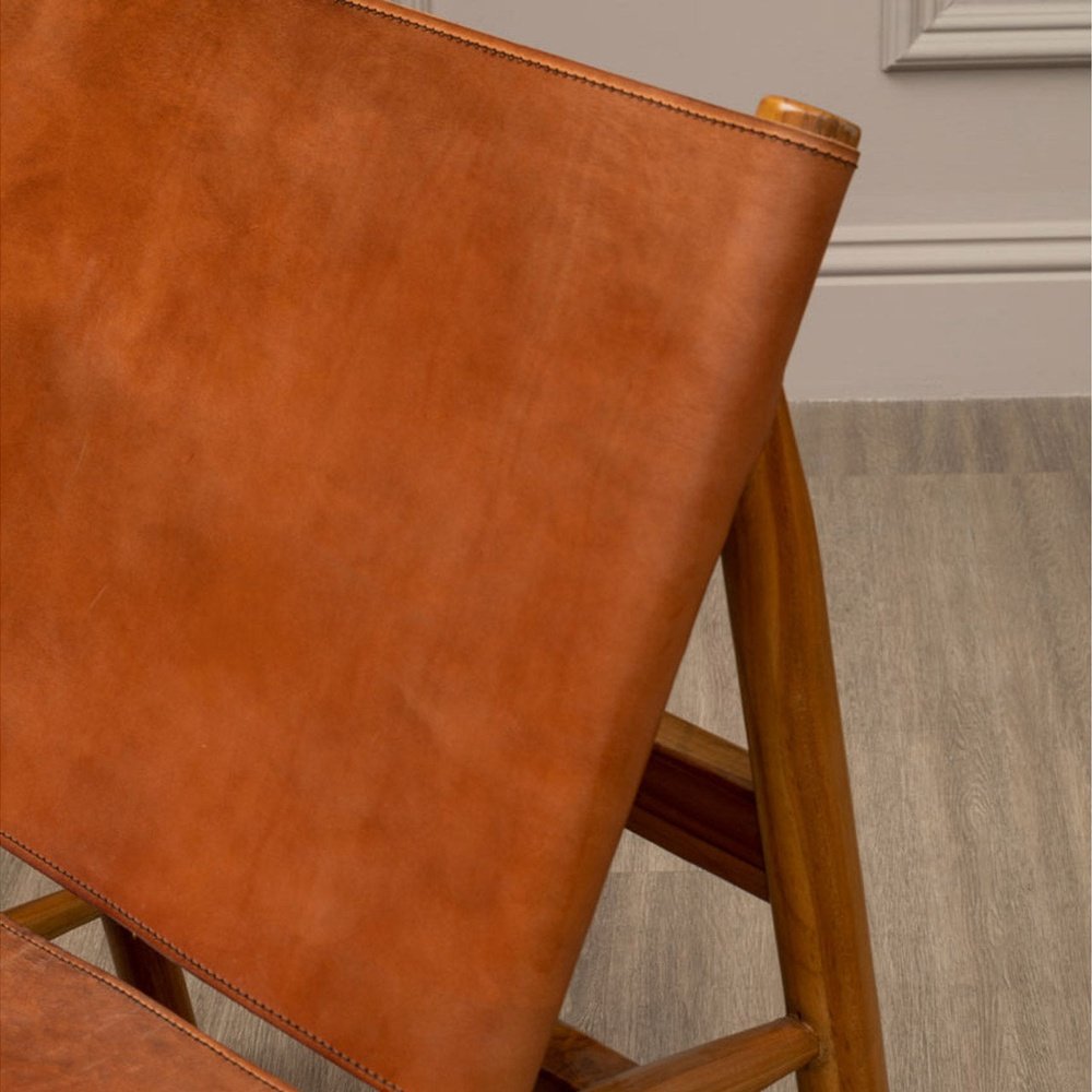 Olivia's Kendra Accent Chair in Natural Teak Wood & Brown Leather