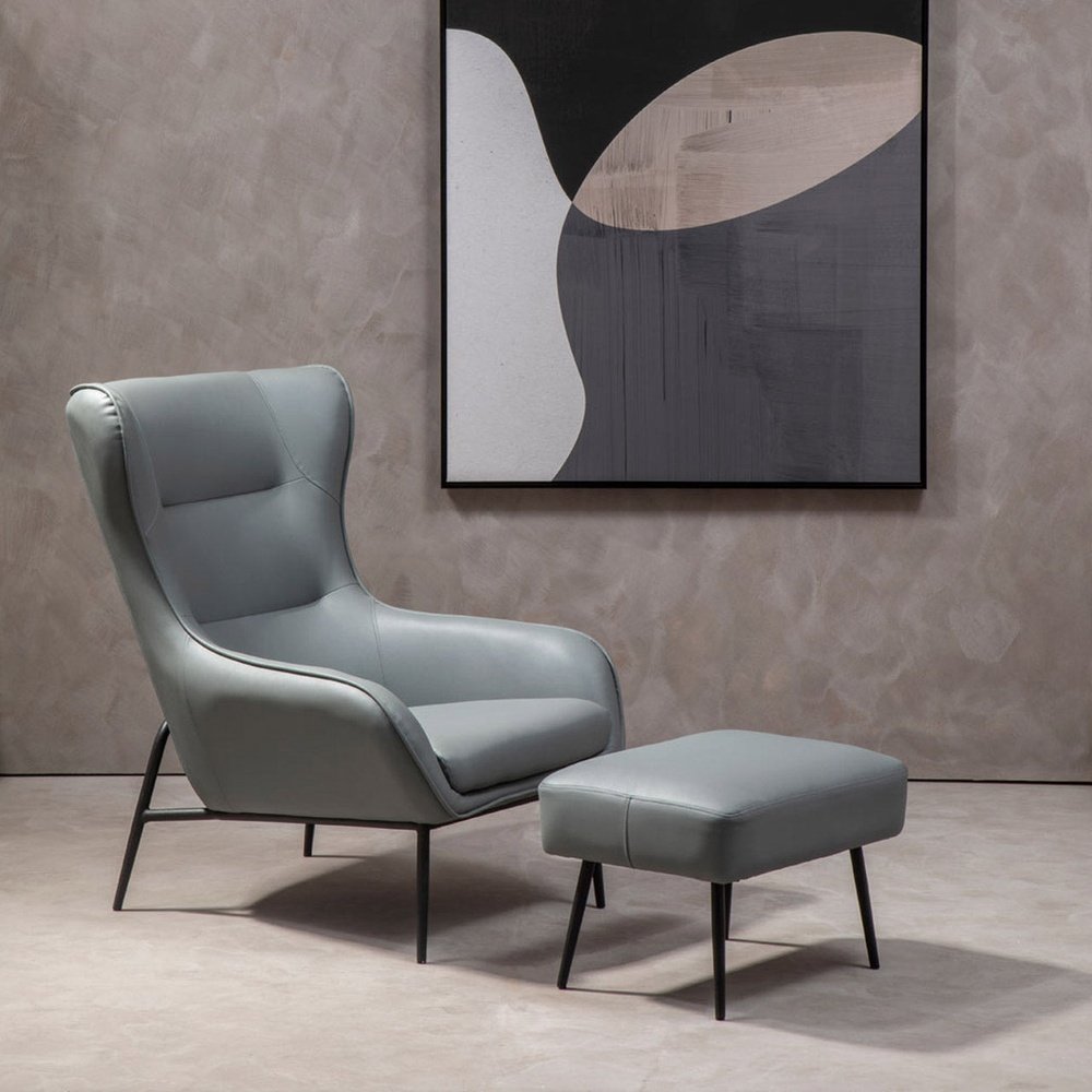 Olivia's Kali Accent Chair & Footstool in Faux Grey Leather