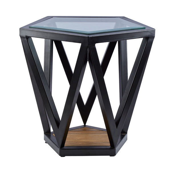 Olivia's Cleo Pentagon Clear Glass And Teak Wood Side Table