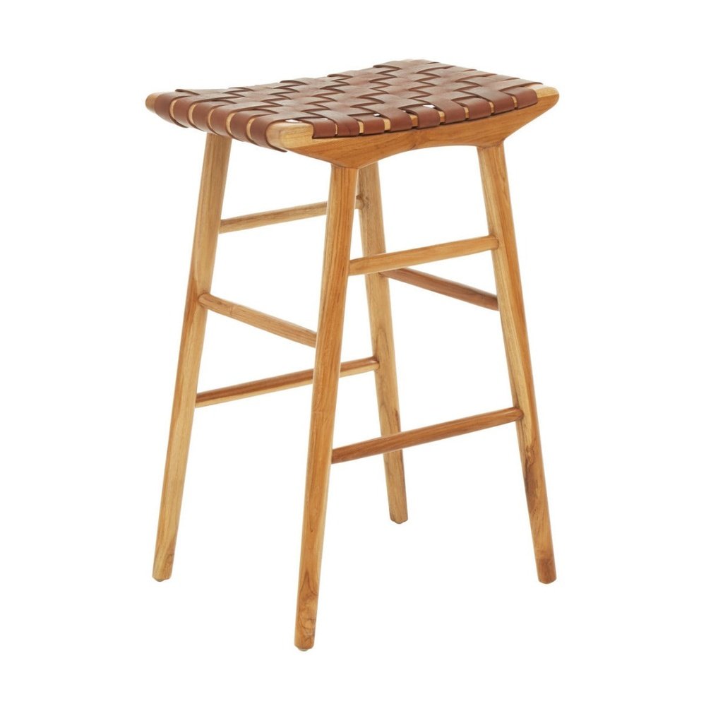 Olivia's Katherine Bar Stool in Natural Teak & Natural Brown Leather