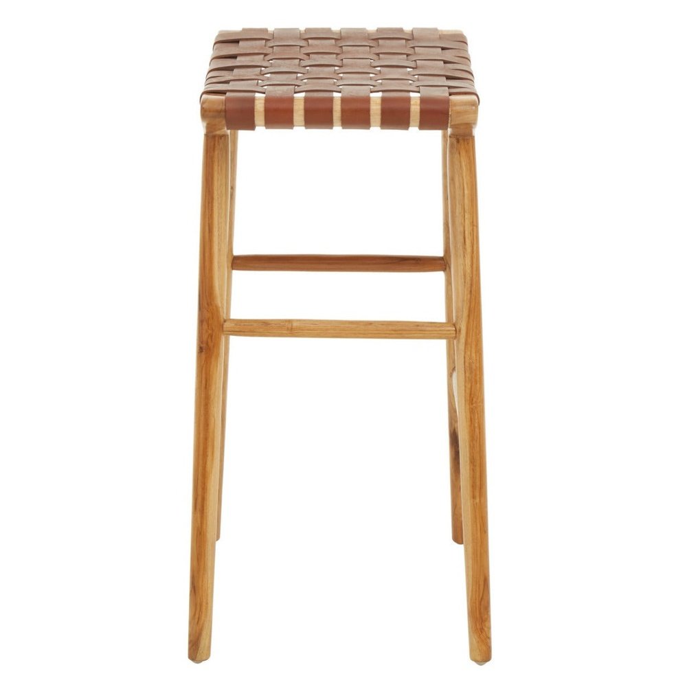 Olivia's Katherine Bar Stool in Natural Teak & Natural Brown Leather