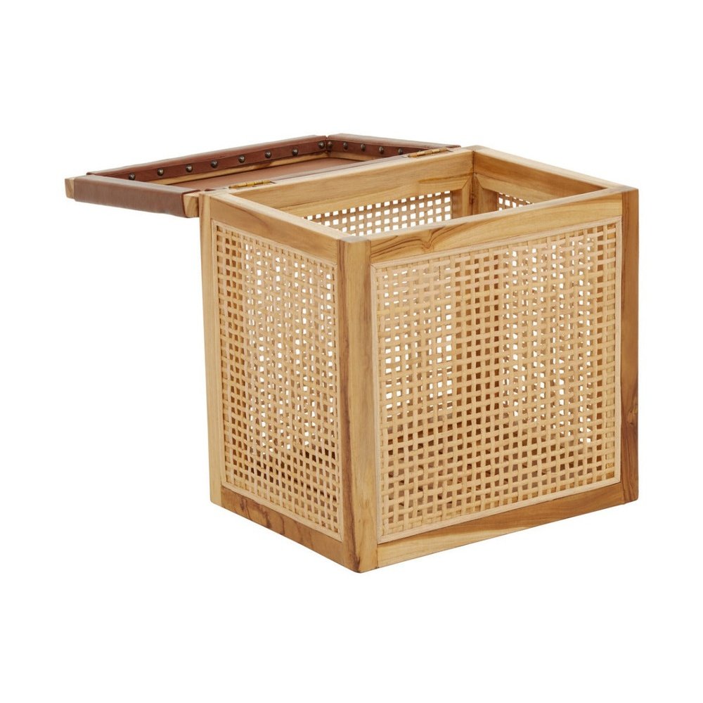 Olivia's Katherine Box in Teak Wood Natural Rattan & Antique Brown Leather