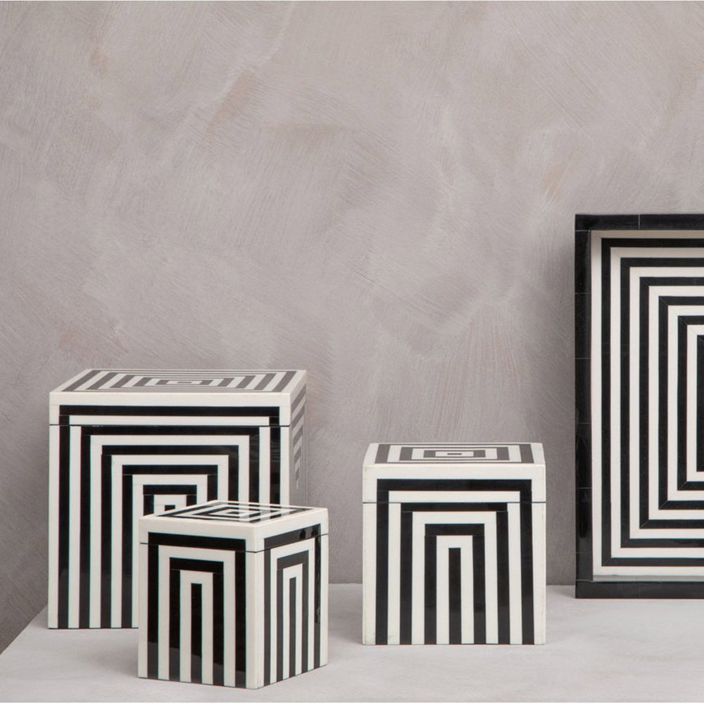 Olivia's Donall Medium Square Striped Trinket Box in Black & White