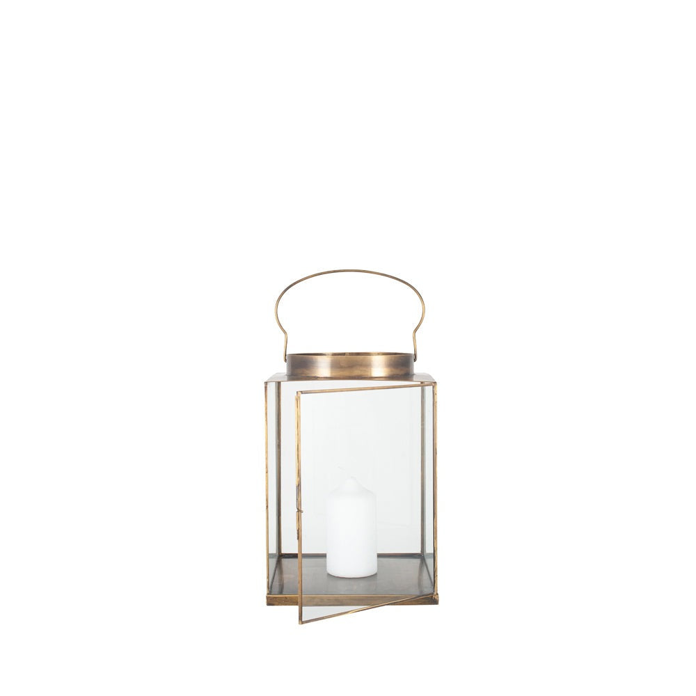 Olivias Rosie Small Square Lantern in Antique Brass Metal and Glass