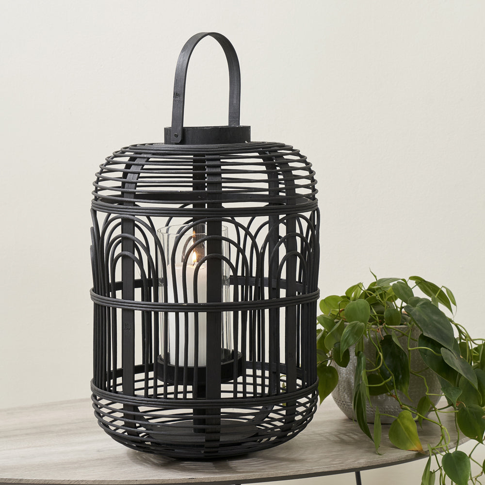 Olivia's Large Bali Bamboo and Glass Large Lantern in Black