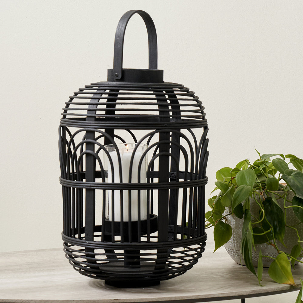 Olivia's Bali Bamboo and Glass Lantern in Black