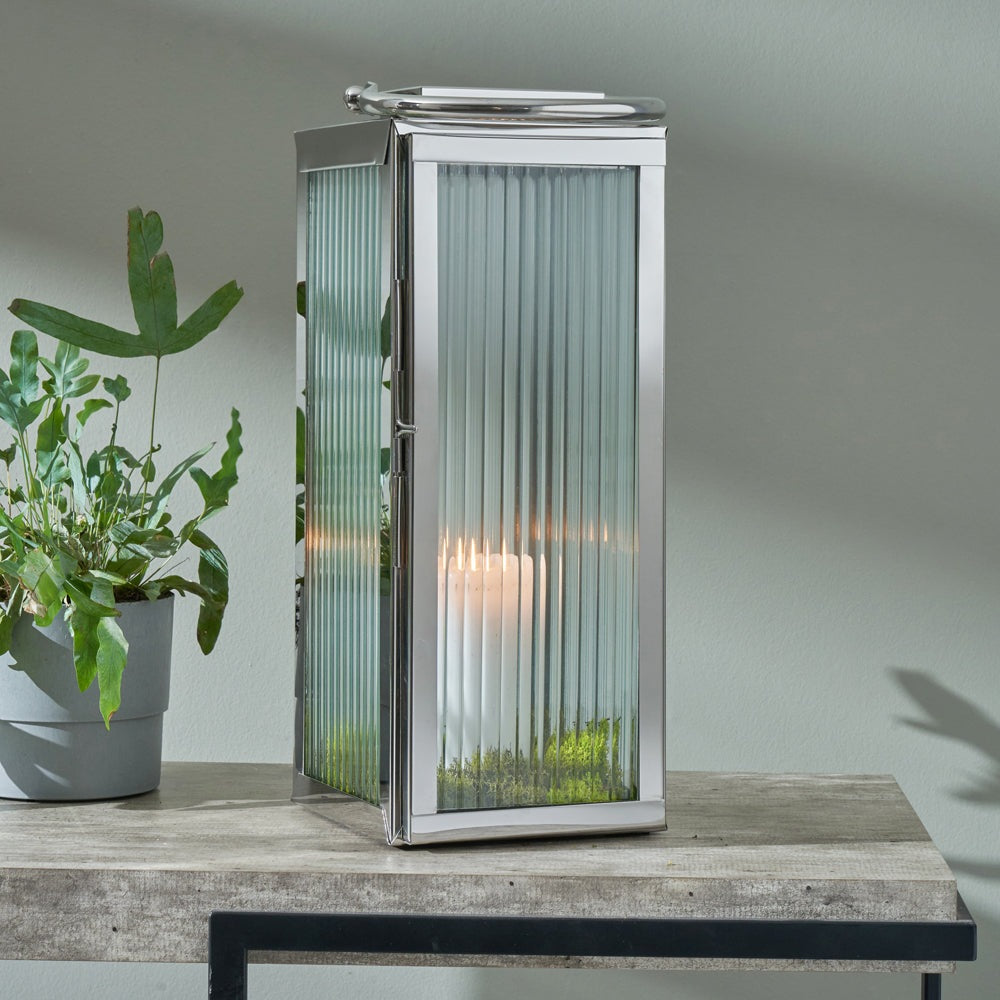 Olivia's Otterly Large Lantern with Ribbed Glass in Shiny Nickel