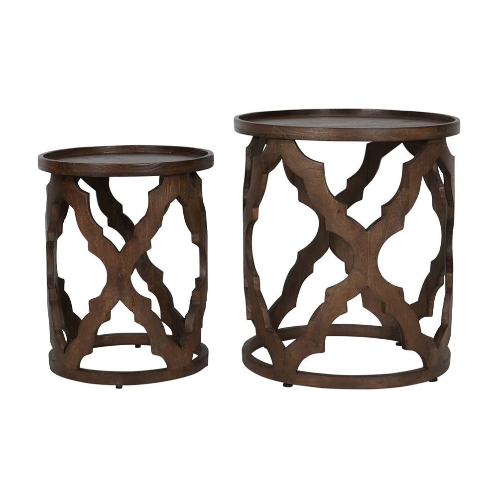 Libra Interiors Set of 2 Kielder Solid Carved Wooden Nesting Side Tables in Dark Brown