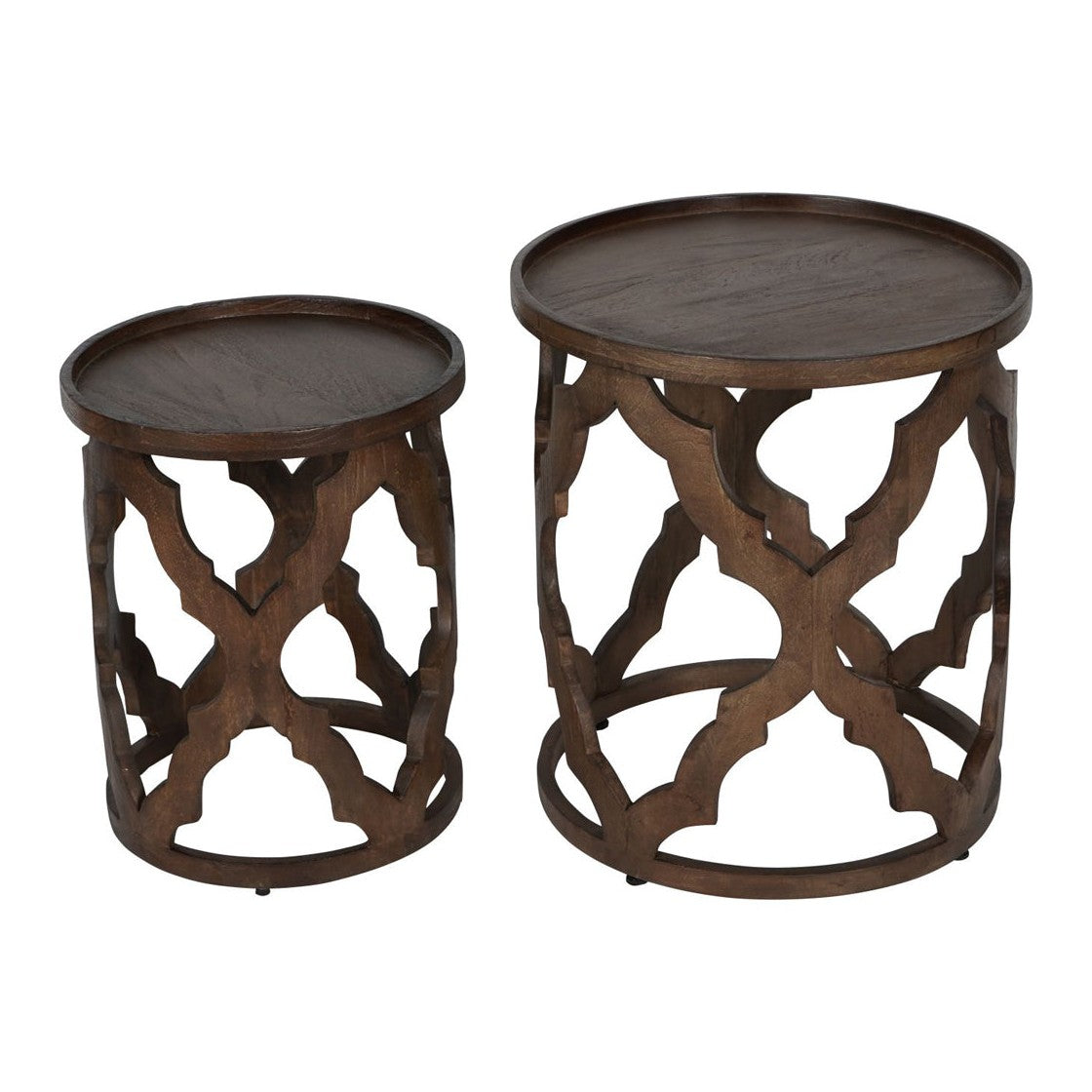 Libra Interiors Set of 2 Kielder Solid Carved Wooden Nesting Side Tables in Dark Brown