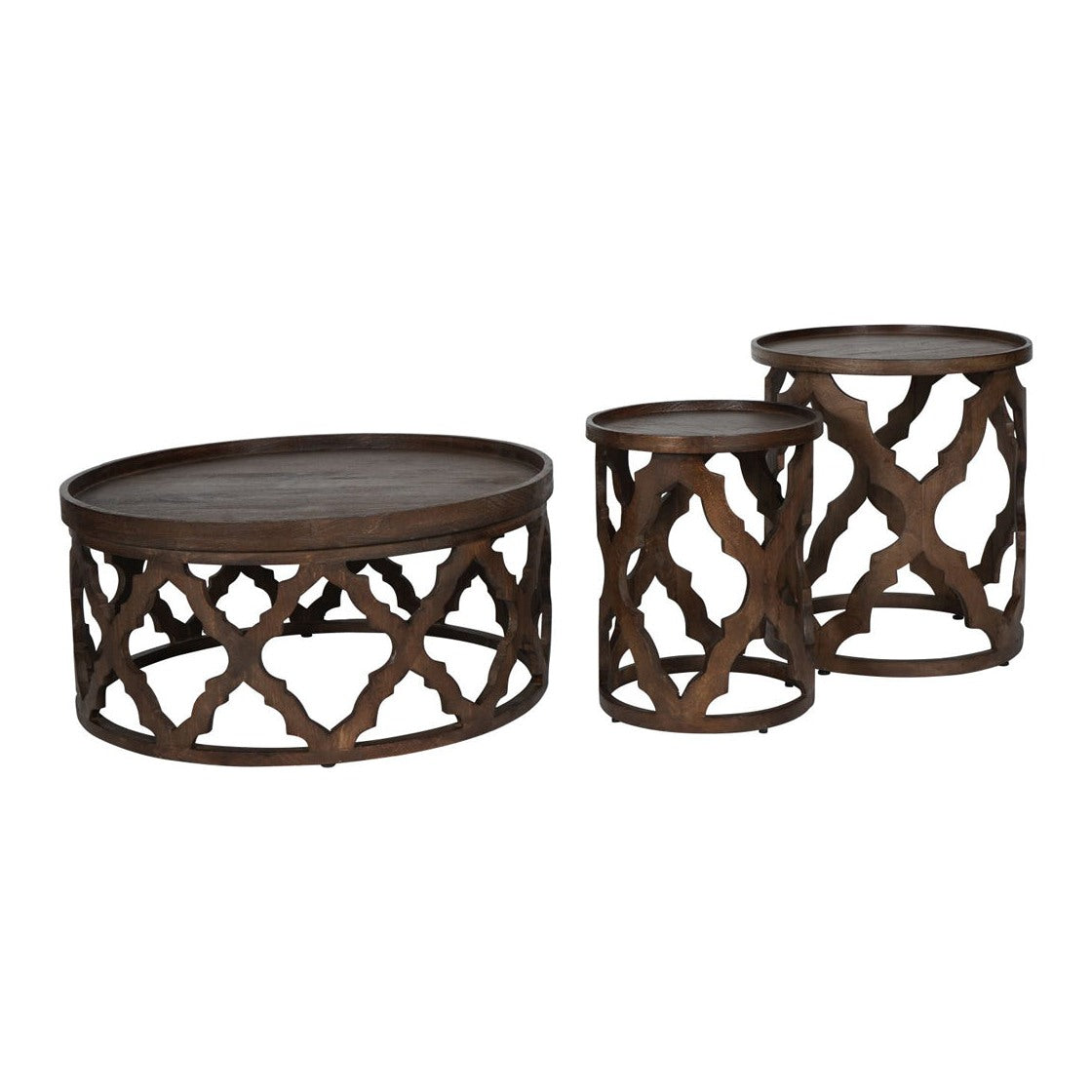 Libra Interiors Set of 2 Kielder Solid Carved Wooden Nesting Side Tables in Dark Brown