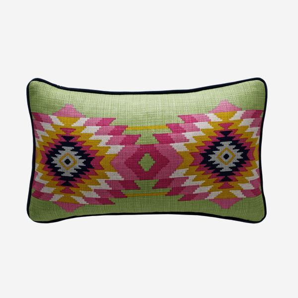 Andrew Martin Cruz Cactus Cushion-AndrewMartin-Olivia's- A cactus green bolster cushion with a geometric, Mayan pattern in popping pink, yellow and navy blue
