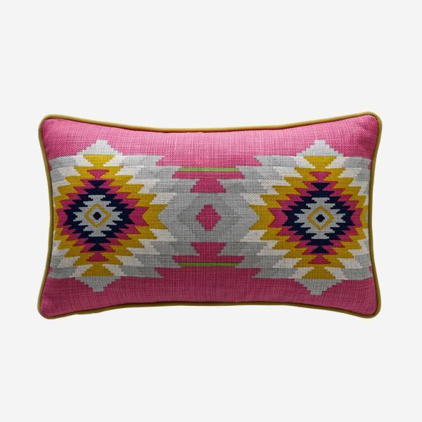 Andrew Martin Cruz Paraiso Cushion-AndrewMartin-Olivia's- Mayan pattern in tones of pink, yellow, grey and blue and its rectangular shape,