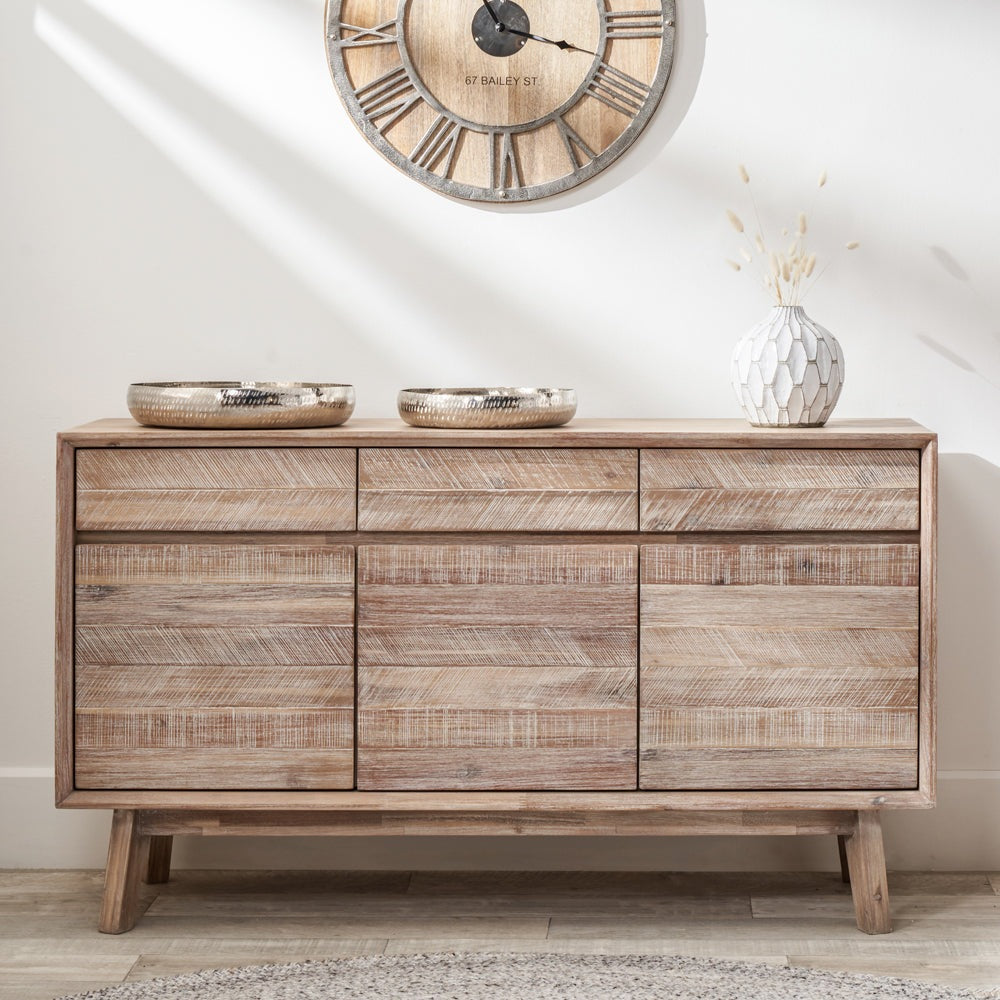 Olivia's Melville Acacia Wood 3 Drawer 3 Door Sideboard in Sand Wash