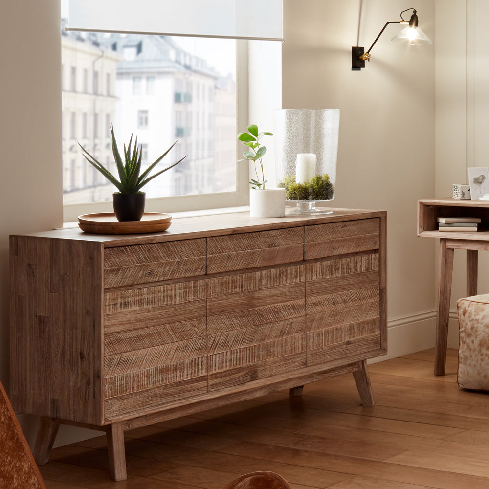 Olivia's Melville Acacia Wood 3 Drawer 3 Door Sideboard in Sand Wash