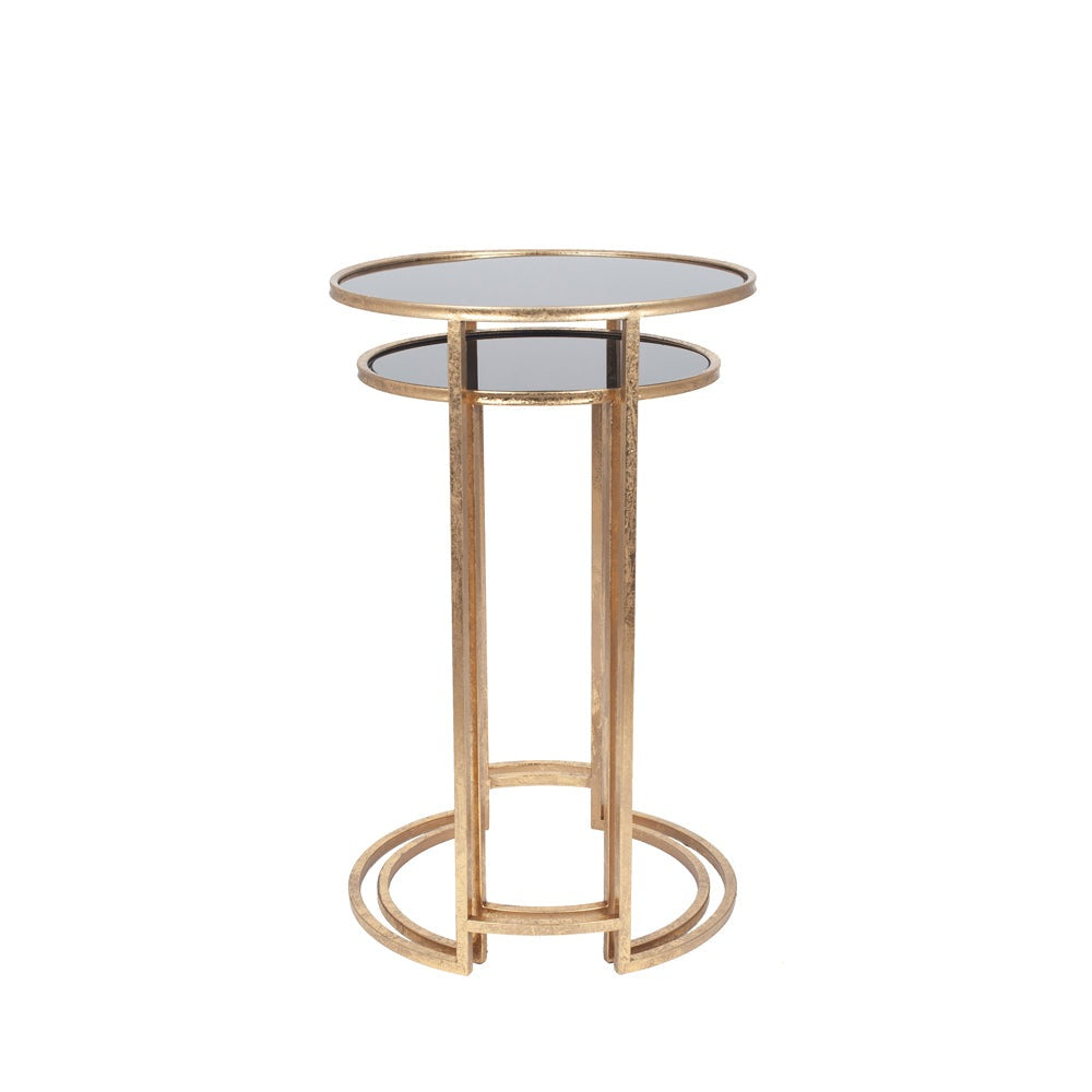 Olivia's Portia Set of 2 Glass Round Tables in Antique Gold & Black