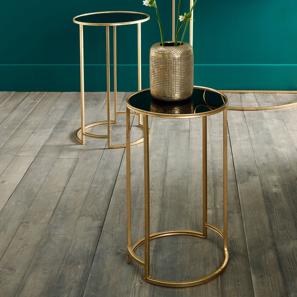 Olivia's Portia Set of 2 Glass Round Tables in Antique Gold & Black