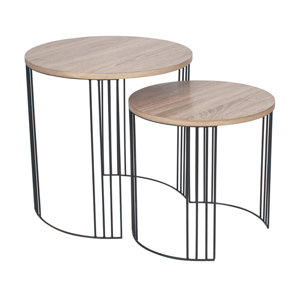 Olivia's Amelia Set of 2 Dark Wood & Black Metal Round Side Table