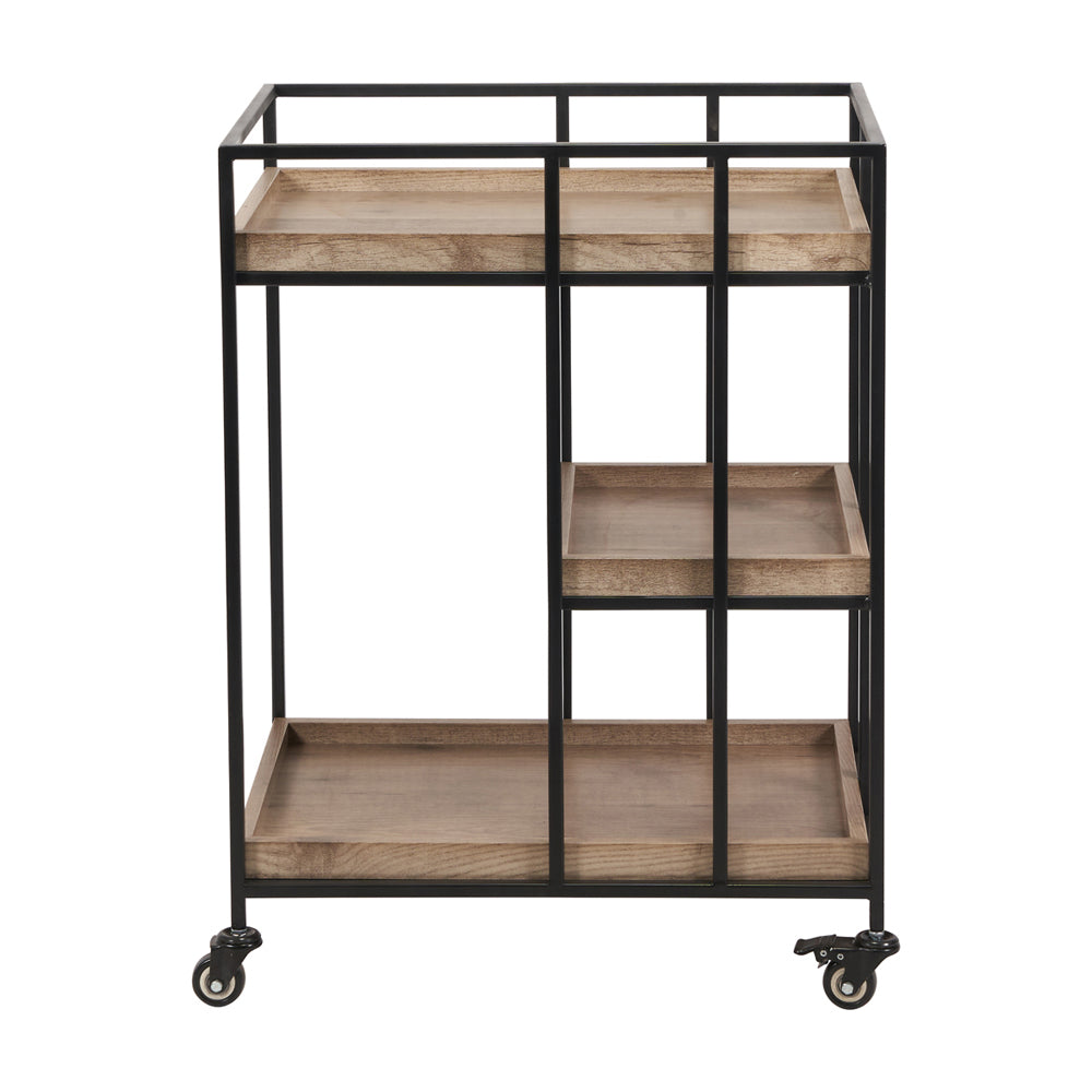 Olivia's Candice Natural Wood Veneer and Black Metal Bar Trolley