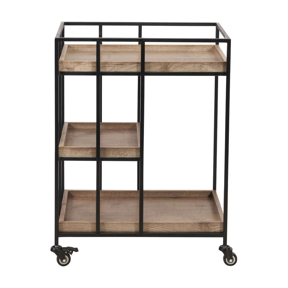 Olivia's Candice Natural Wood Veneer and Black Metal Bar Trolley