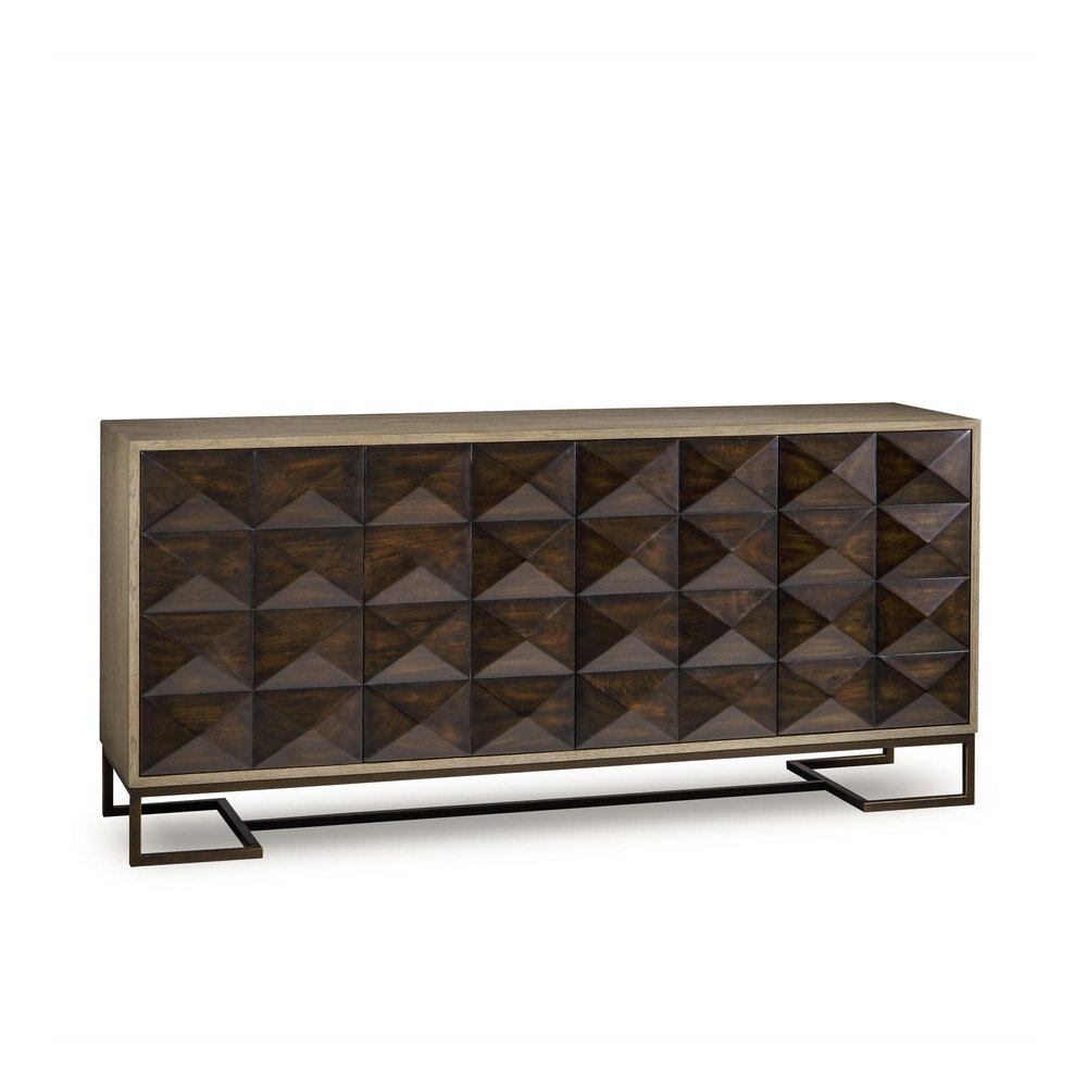 Andrew Martin Casey Sideboard-A grey oak cupboard with warm chocolate walnut drawers carved into hypnotic geometric shapes