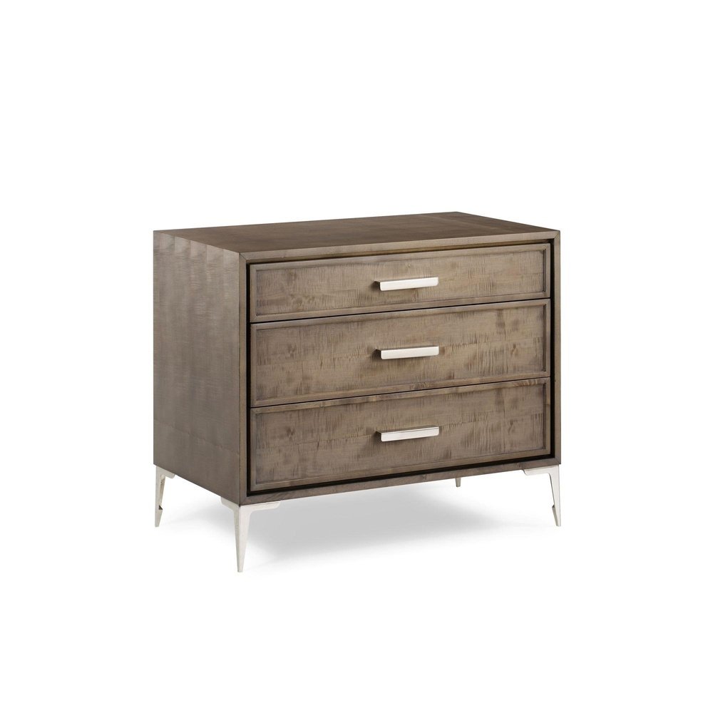 Andrew Martin Chloe Nightstand-AndrewMartin-Olivia'- A 60s style pale maple wood and sycamore veneer nightstand supported by elegant stainless-steel stiletto legs and polished nickel handles in a satin mink finish. 