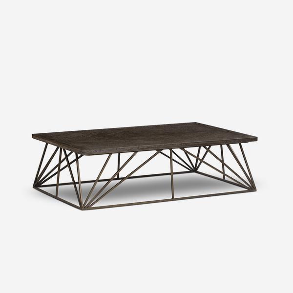 made from  dark chocolate solid oak with a geometric steel base in a lustrous bronze finish.