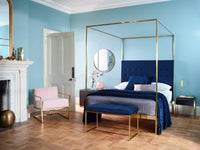 Gillmore Bed Federico Brass Frame & Canopy Midnight Blue Upholstered Headboard Bed