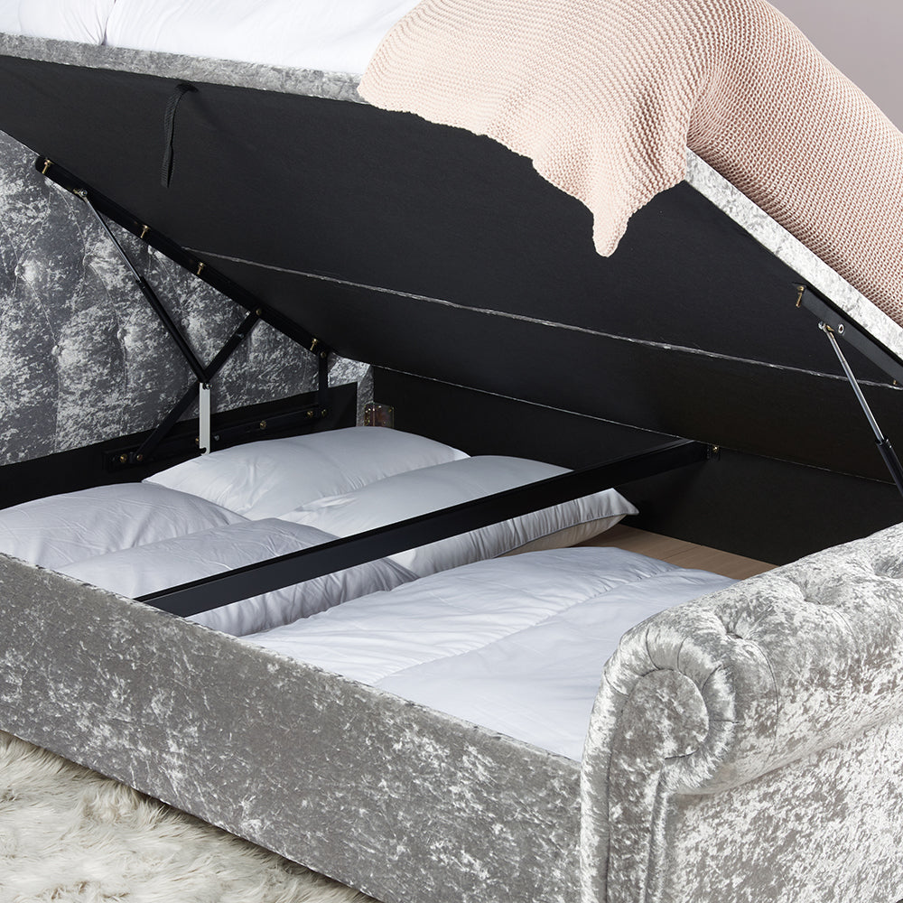 Olivia's Caspian Side Opening Ottoman Bed in Steel Crushed Velvet