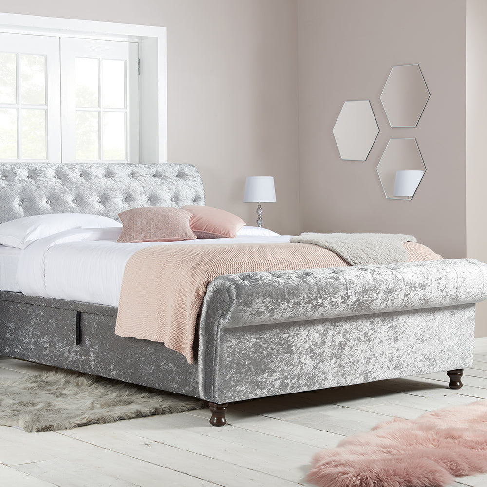 Olivia's Caspian Side Opening Ottoman Bed in Steel Crushed Velvet