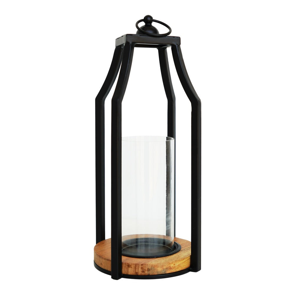 Ivyline Felicity Circular Base Lantern in Acacia Wood & Black - Small