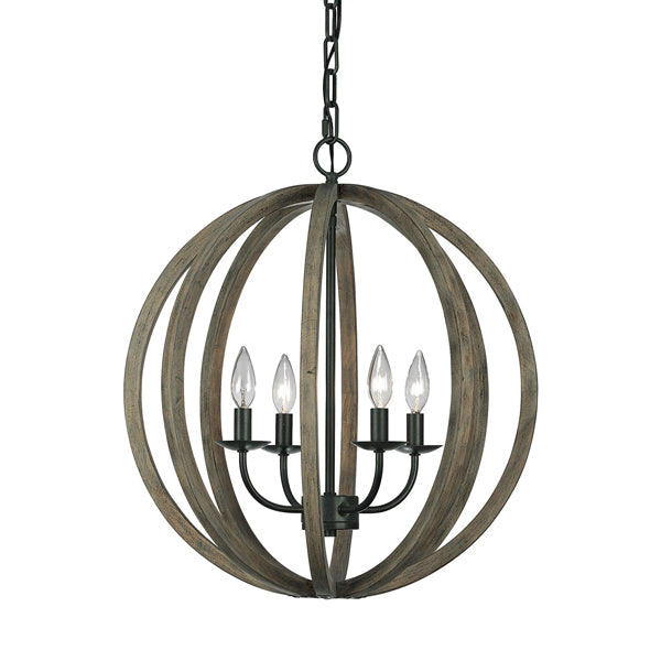 Allier 4 Light Pendant Light - Oak Wood & Antique Forged Iron Elstead 1