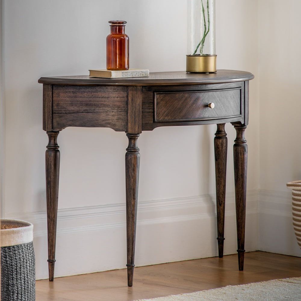 Gallery Interiors Melody Demi Lune Table in Dark Wood