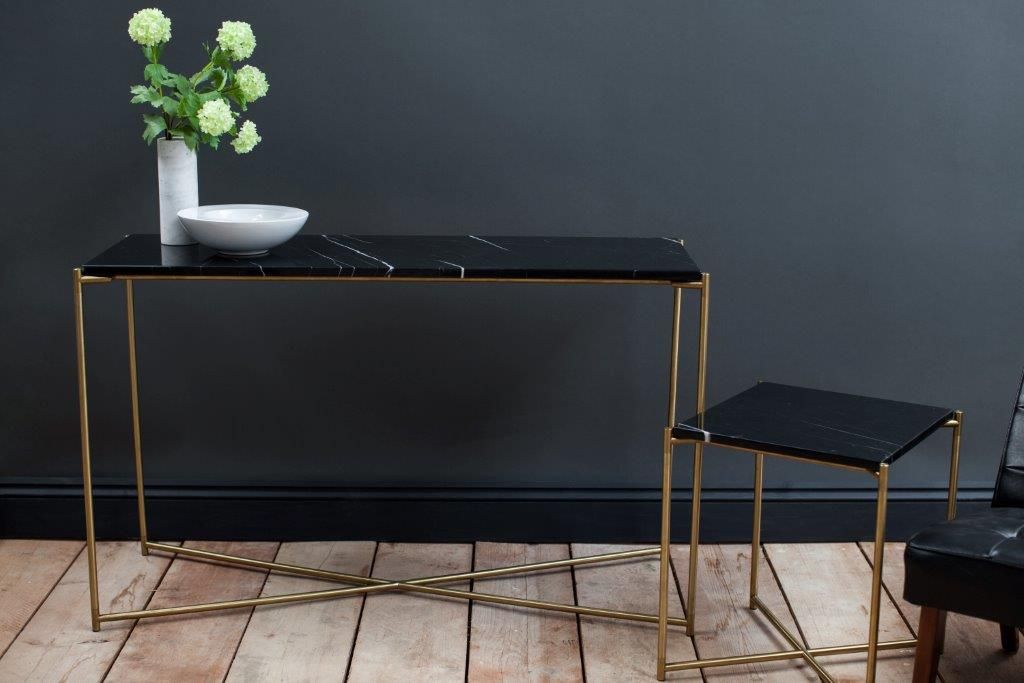 Gillmore Iris Black Marble & Brass Frame Console Table