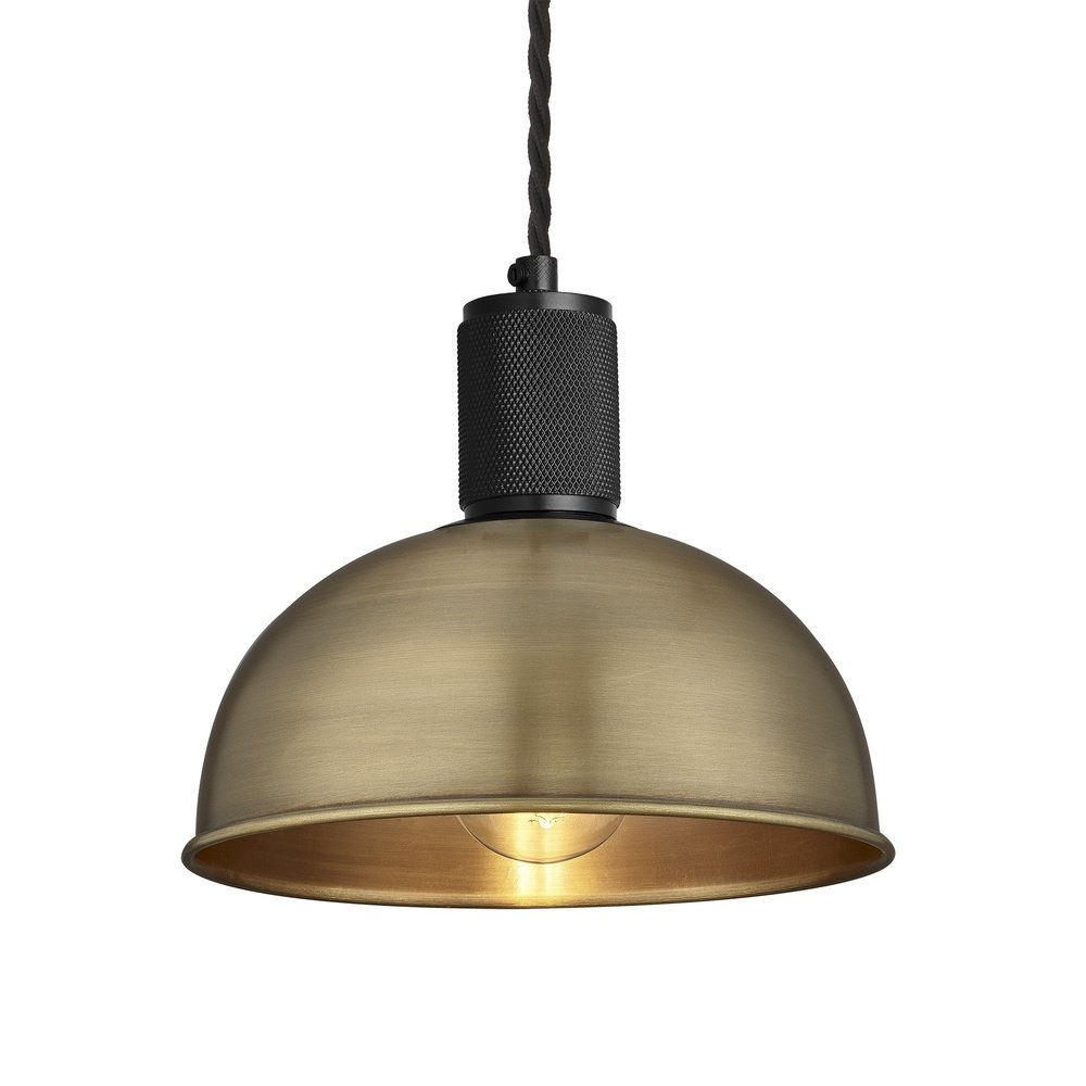 Industville Knurled Dome Pendant Light in Brass with Black Holder