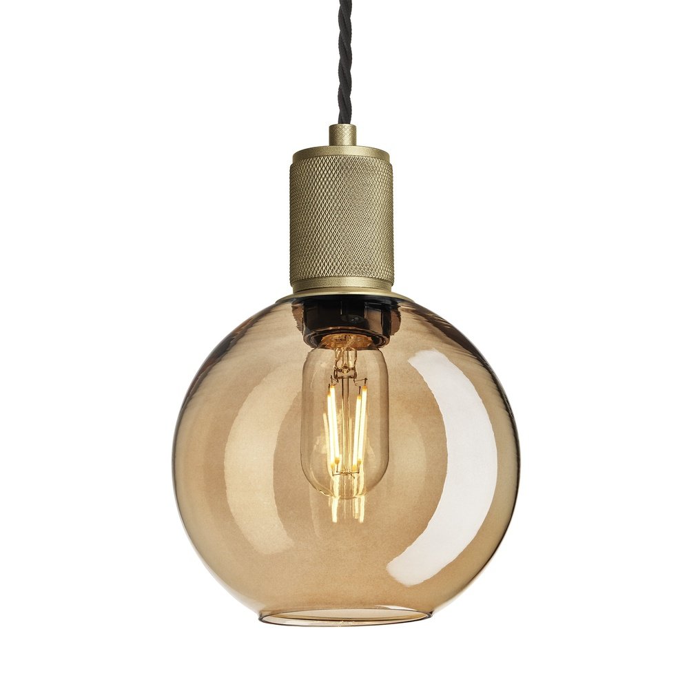 Industville Knurled Tinted Glass Globe Pendant Light in Amber with Brass Holder