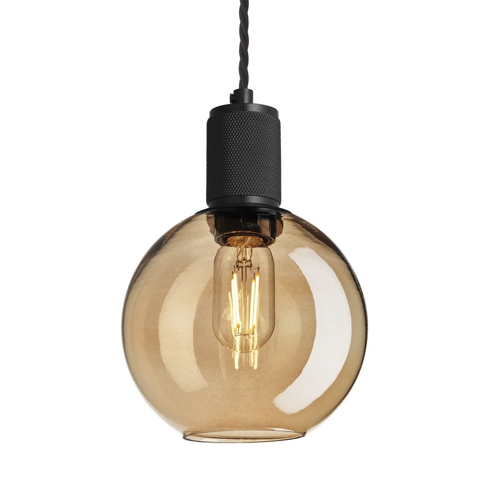 Industville Knurled Tinted Glass Globe Pendant Light in Amber with Black Holder