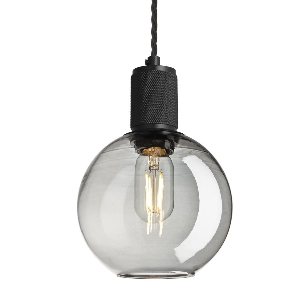 Industville Knurled Tinted Glass Globe Pendant Light in Smoke Grey with Black Holder