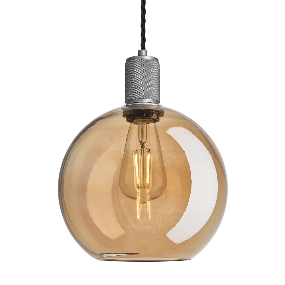 Industville Knurled Tinted Glass Globe Pendant Light in Amber with Pewter Holder