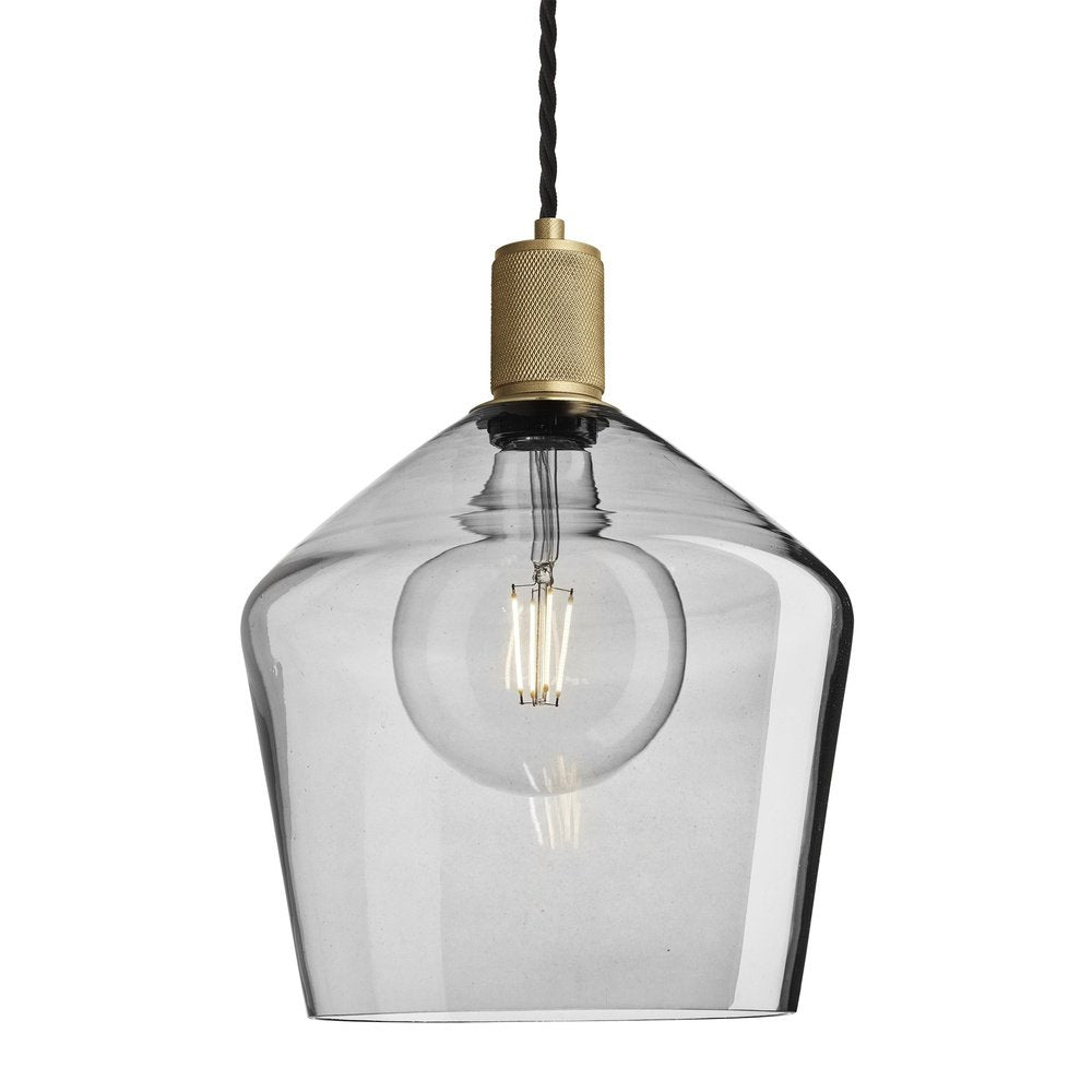Industville Knurled Tinted Glass Schoolhouse Pendant in Smoke Grey with Brass Holder