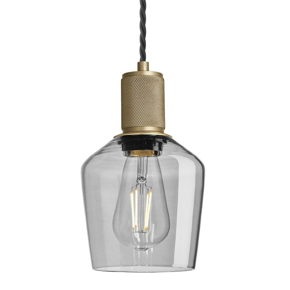 Industville Knurled Tinted Glass Schoolhouse Pendant in Smoke Grey with Brass Holder