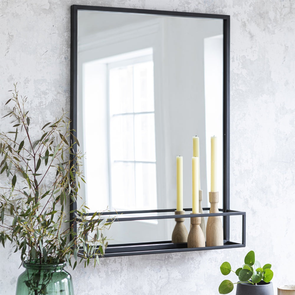 Garden Trading Sapperton Mirror with Shelf in Black Iron