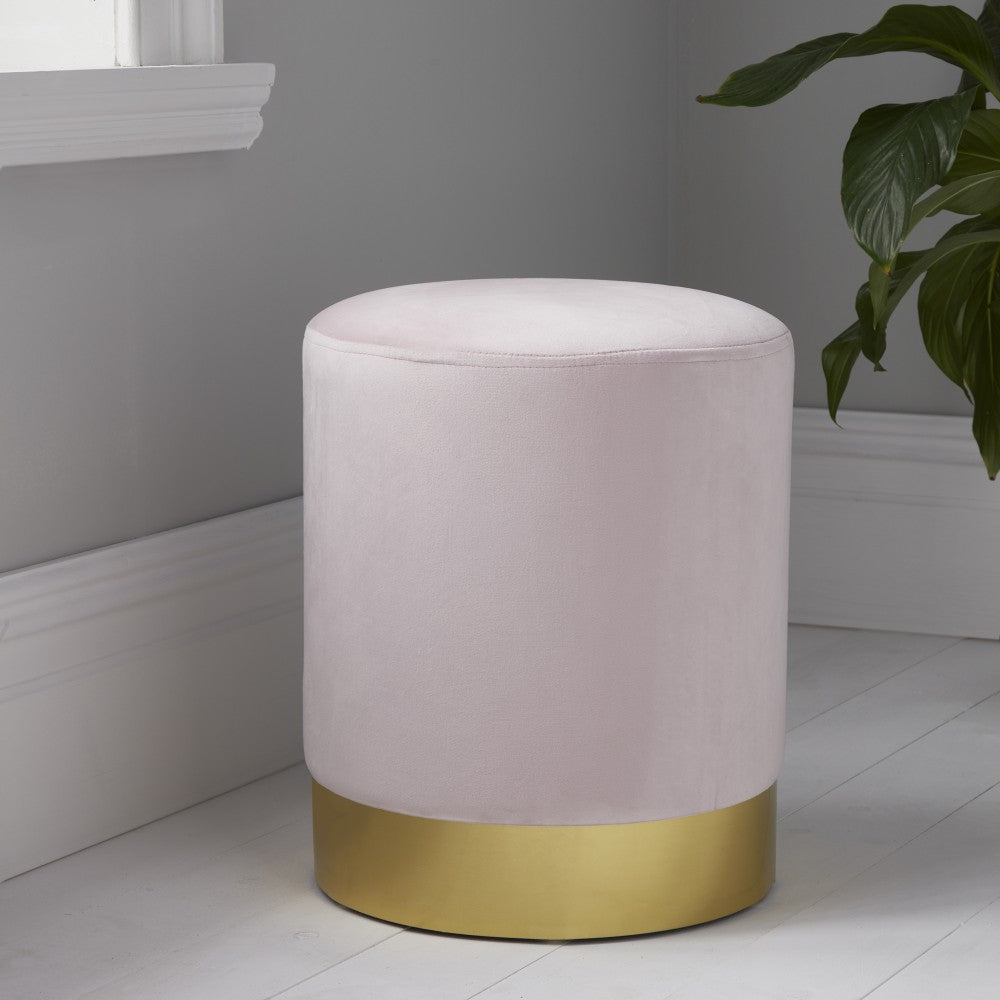 Native Home Round Pastel Pink Velvet Stool - Gold Finish