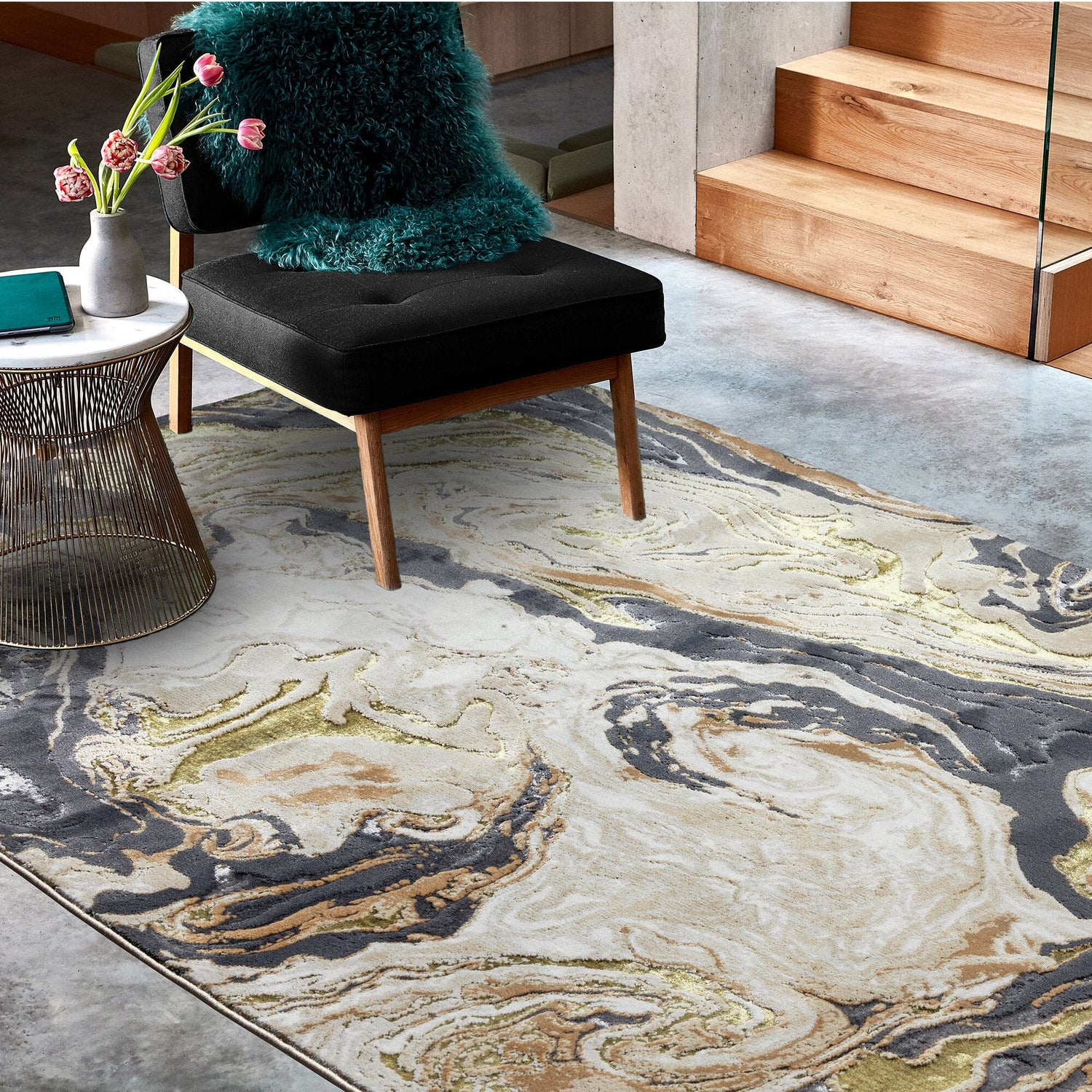  Asiatic Carpets-Asiatic Carpets Aurora Machine Woven Rug Marble - 160 x 230cm-Yellow, Gold 349 