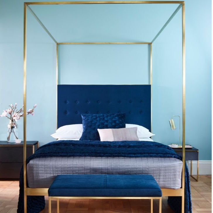 Gillmore Bed Federico Brass Frame & Canopy Midnight Blue Upholstered Headboard Bed